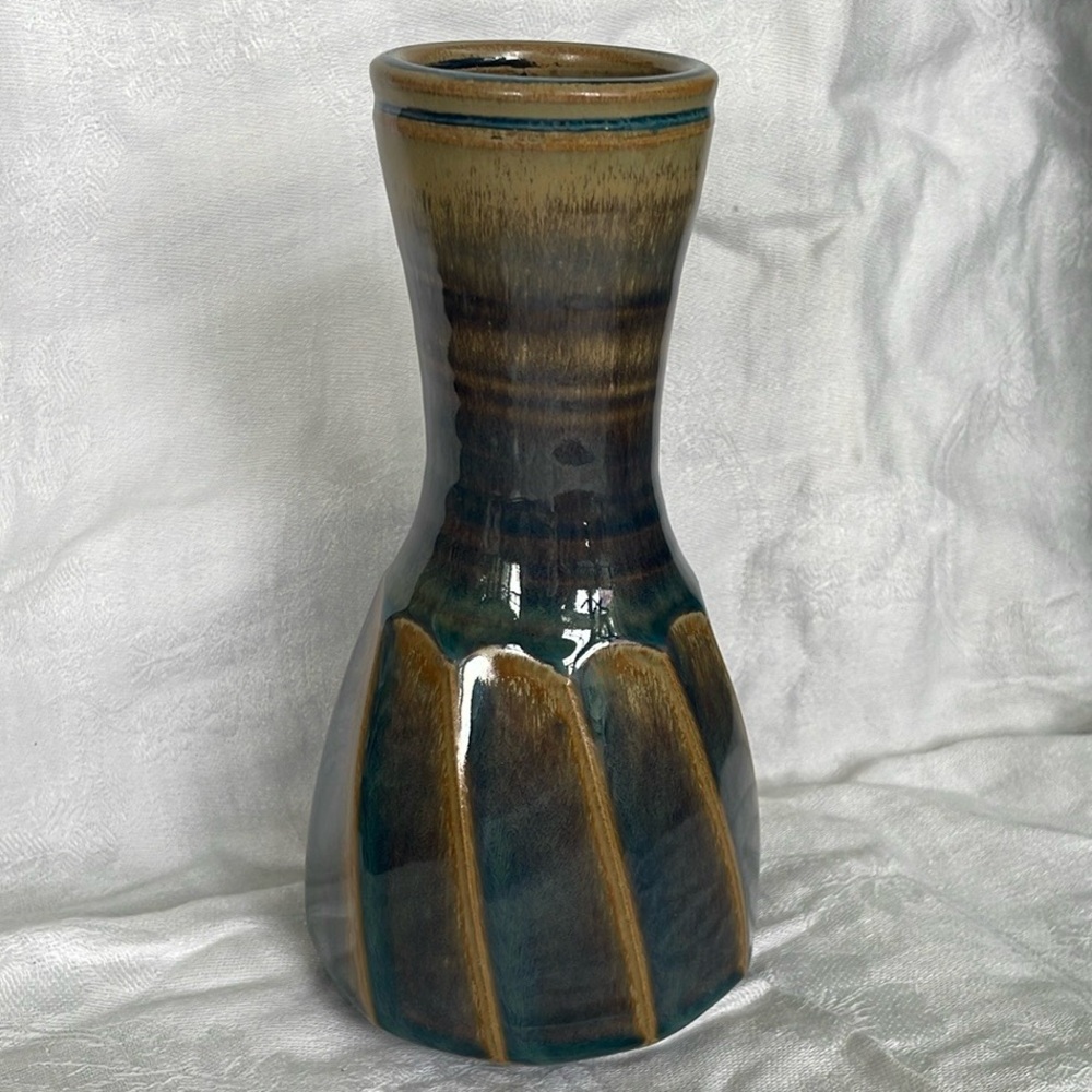 Vintage Ballston Lake Pottery Teal Brown Vase signed James Sankowski
